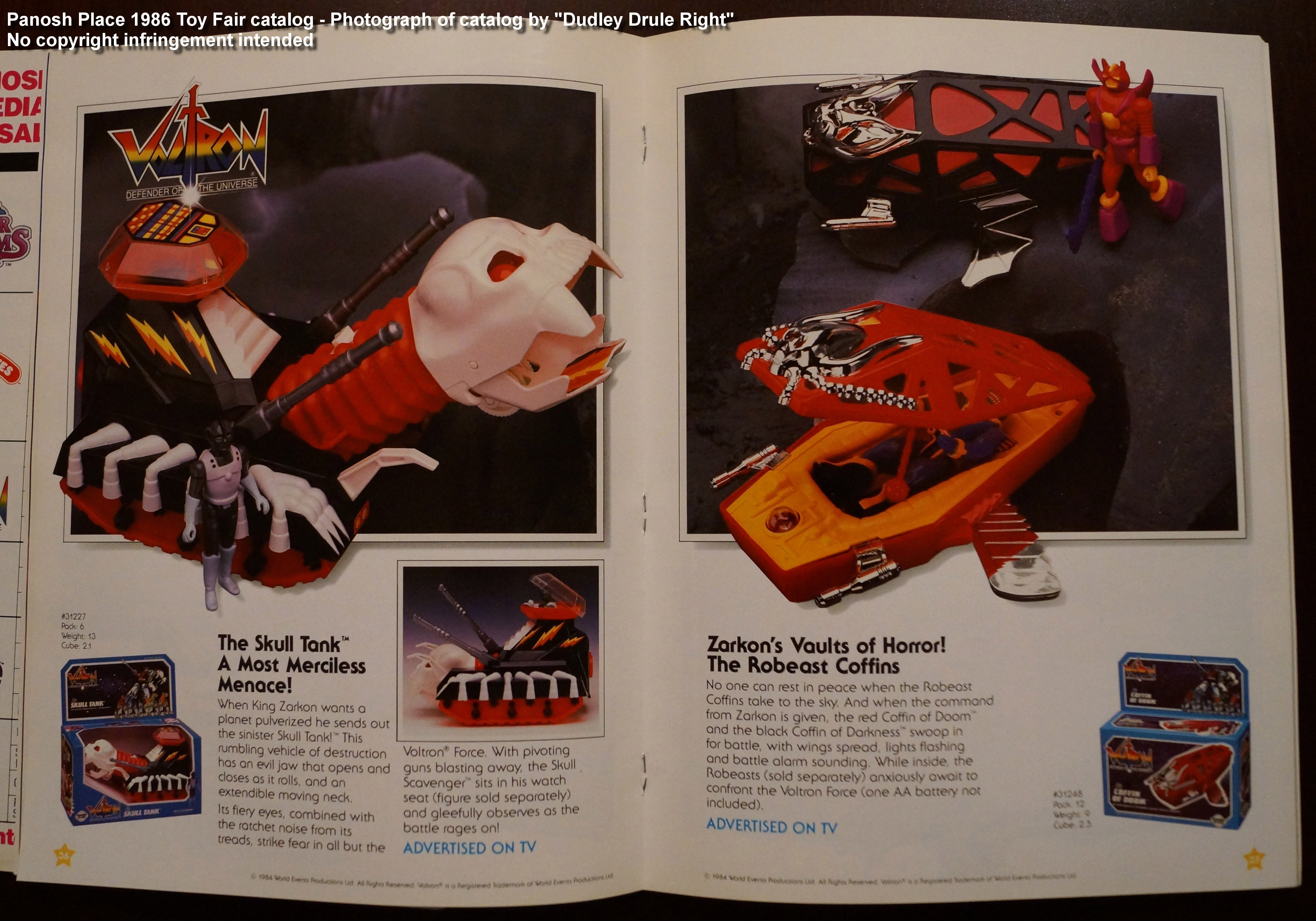 Panosh Place 1986 Toy Fair Catalog - Pages 36 and 37 (Voltron Skull Tank, Robeast Coffins)